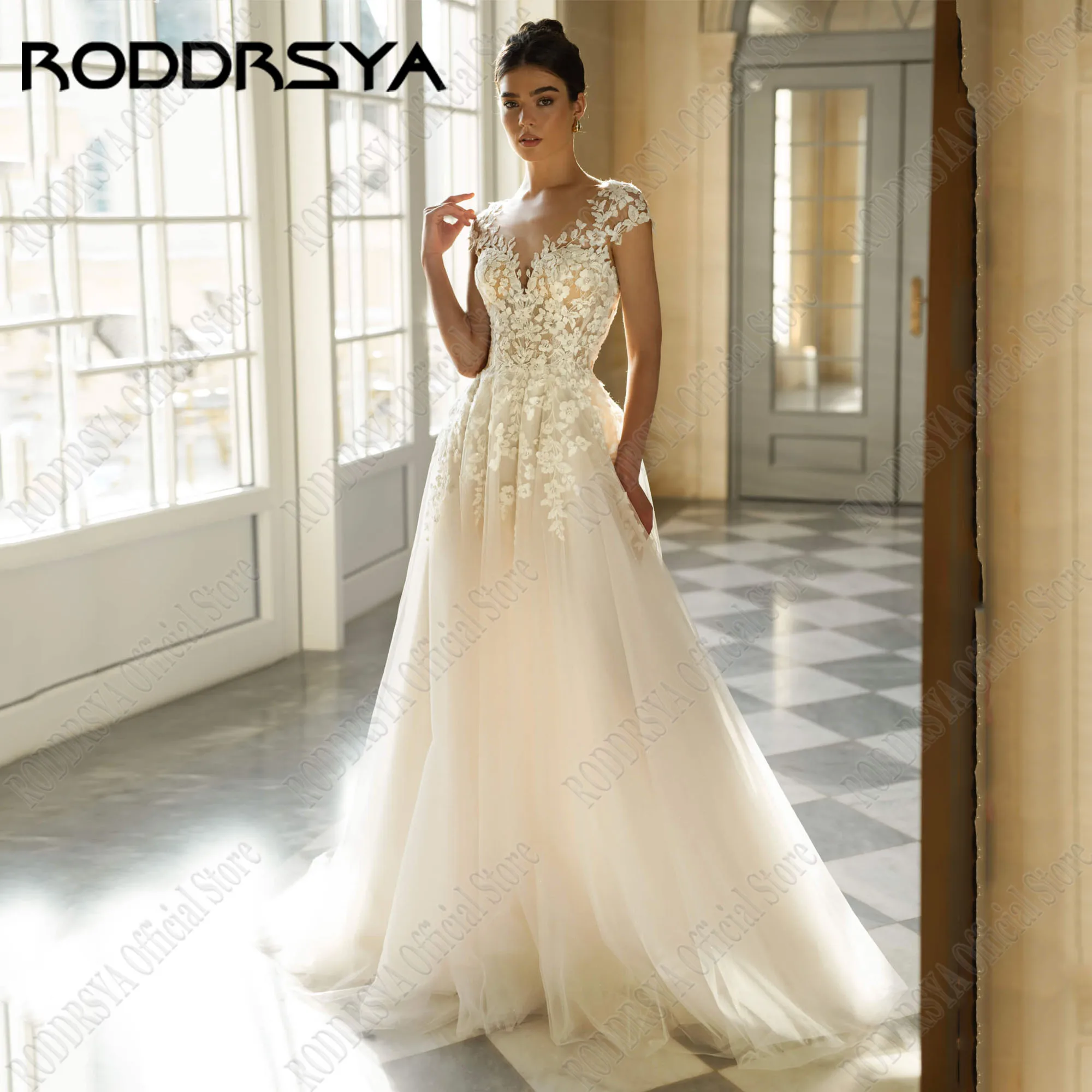 

RODDRSYA Beach A Line O Neck Bride Wedding Dresses For Women 2025 Cap Sleeves Applique Lace Boho Bridal Gown Vestido Customized