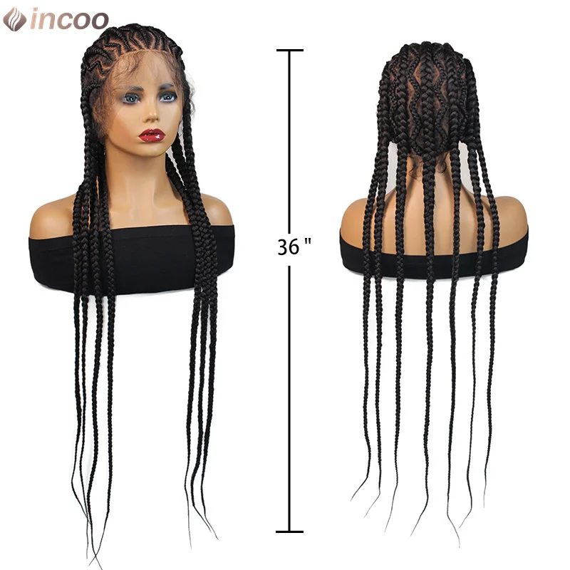 Wig Kepang Cornrow Sintetis 36 Inci Wig Kepang Depan Renda Penuh Bagian Samping untuk Wanita Kulit Hitam Rambut Kepang Kotak Tanpa Simpul Mudah untuk Kami