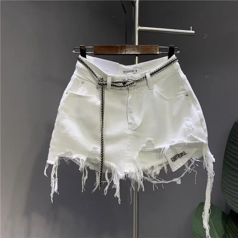 

New Korean White Raw Irregular Denim Skirt Women's Anti-Walk Naked Hole Pocket Exposed Short Skirt