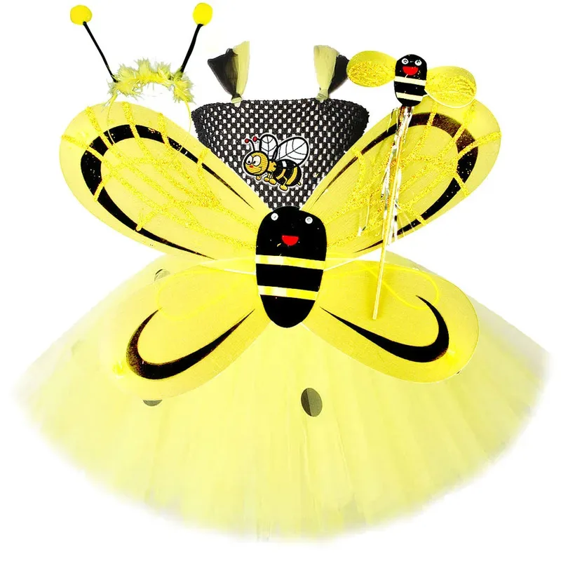 

Yellow Honeybee Costumes for Girls Bumble Bee Tutu Dress with Wings Kids Birthday Halloween Outfit Children Little Bee Clothes