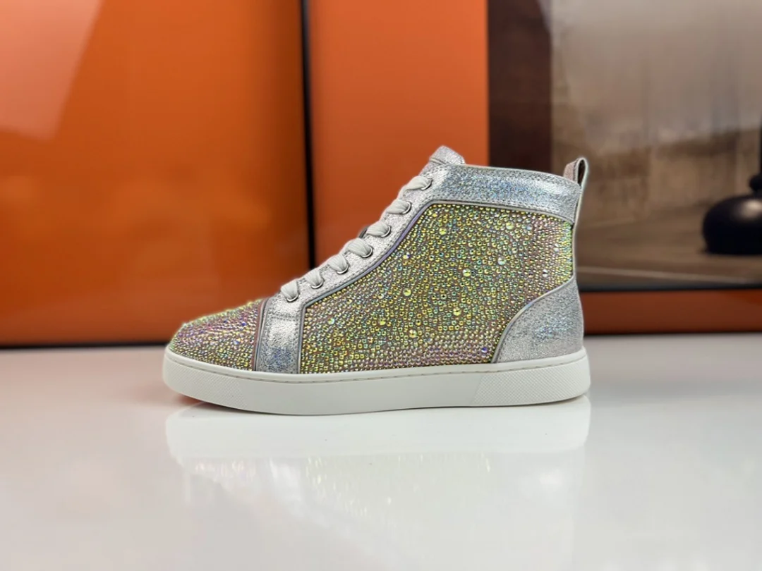 Luxury High Top Silver Rhinestone Leather Shoes Spiked Studded Lace Up Red Bottom Shoes For Men Evening Party Club Casual Shoes