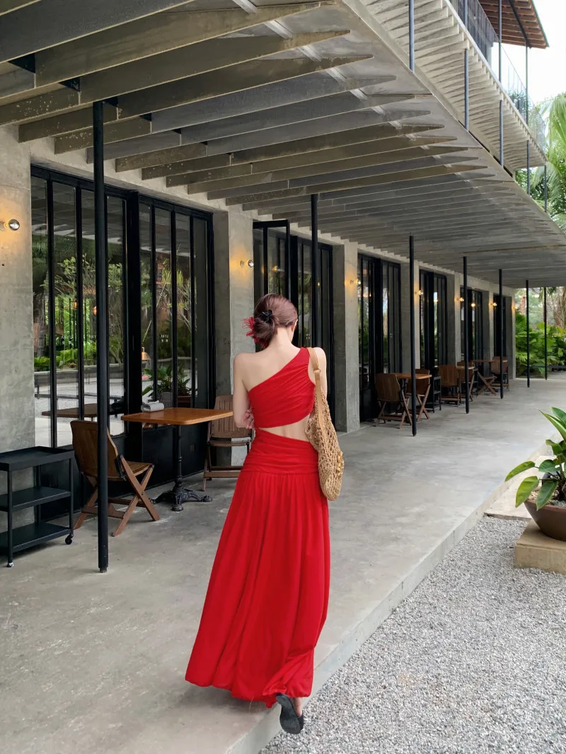Slanted Shoulder Sleeveless Red Dress Summer Hollow Out Slit A-Line Beach Skirt Beach Vacation Style Women's Long Dress New