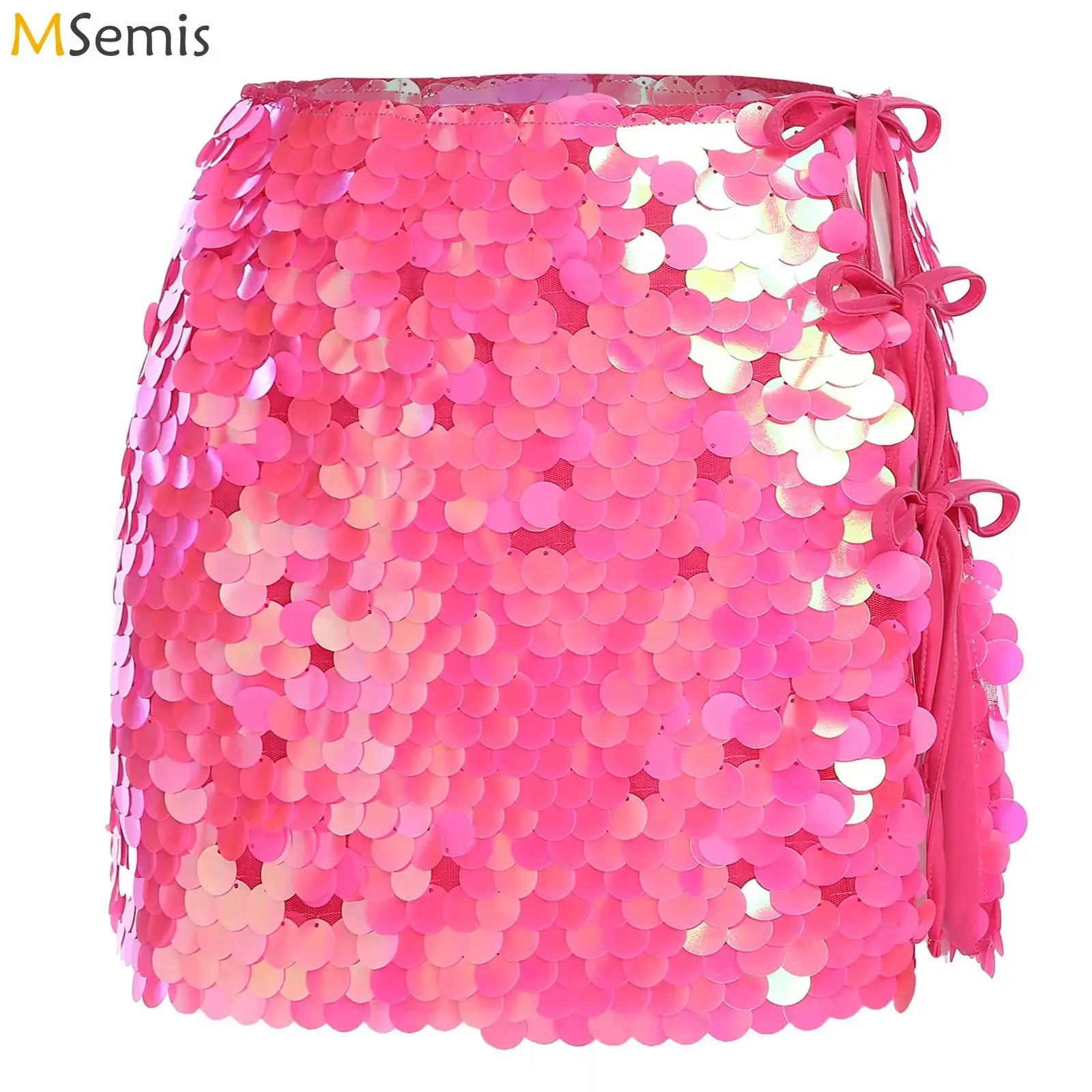 

Womens Lace-up Fully Lined Miniskirt Allover Sequin Side Shiny Sequin Skirt Belly Dance Costume Beachwear Rave Party Clubwear