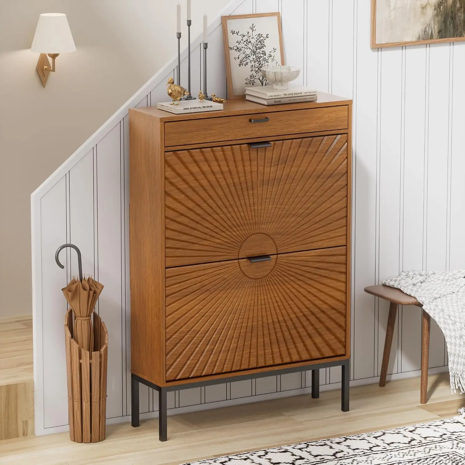 Walnut Slim Shoe Cabinet with 2 Flip Drawers & 1 Small Drawer, Sun Pattern Doors for Entryway, Customized