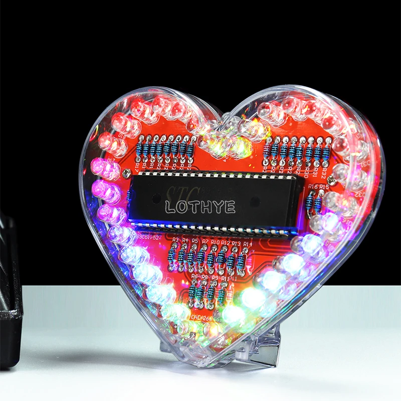 Multicolor LED Heart Shape Flow Light DIY Electronic Kit 51 Microcontroller RGB Colorful Love Heart Water Lamp Welding Training