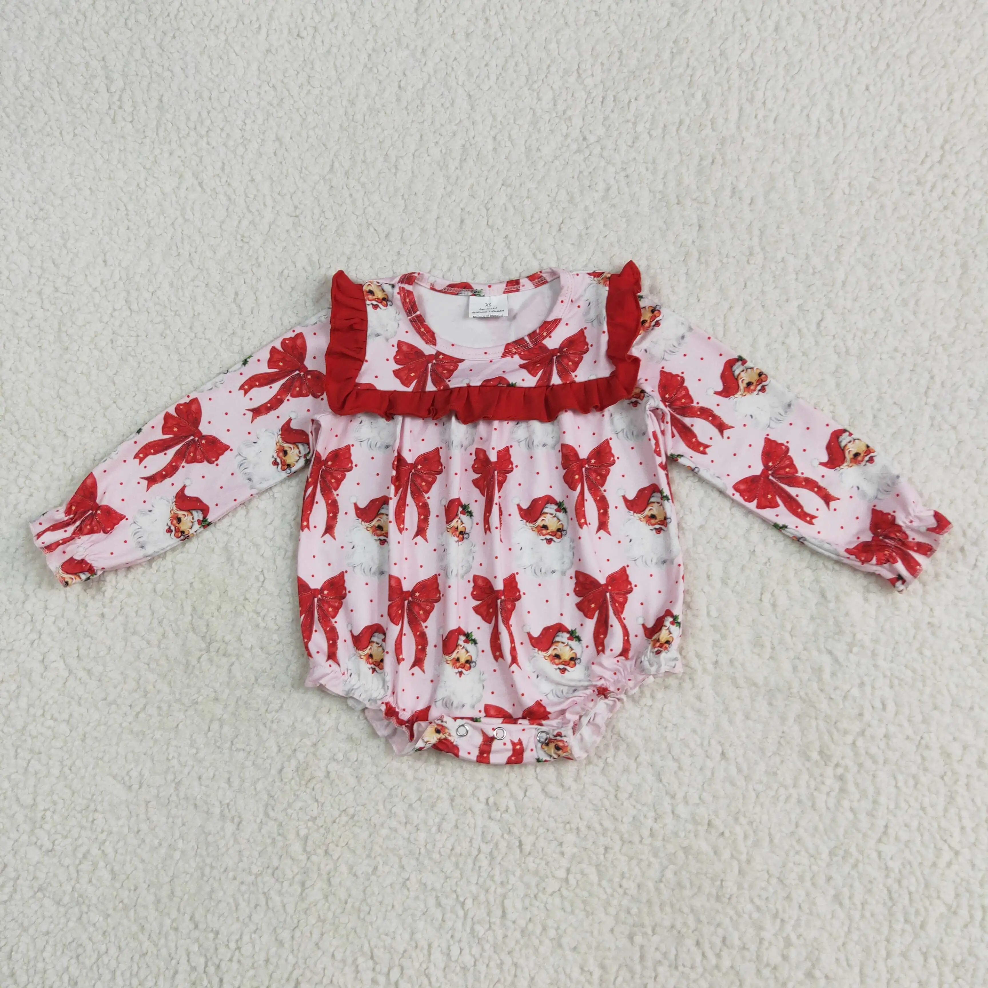 

Little Baby Christmas Santa Red Bows Print Western Long Sleeve Romper Summer Baby Girl Boutique Clothes Kids Jumpsuit