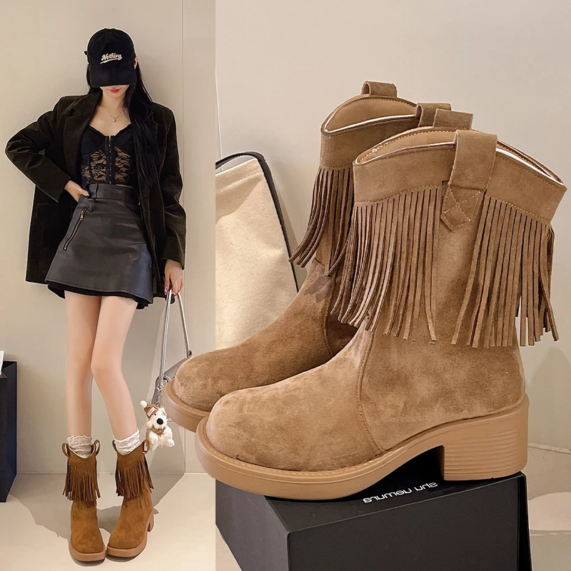 2025 نمط جديد موضة سميكة سوليد مهدب المرأة الرجعية مريحة الأحذية الغربية كعب مربع قصيرة الساق فارس الأحذية منصة #1