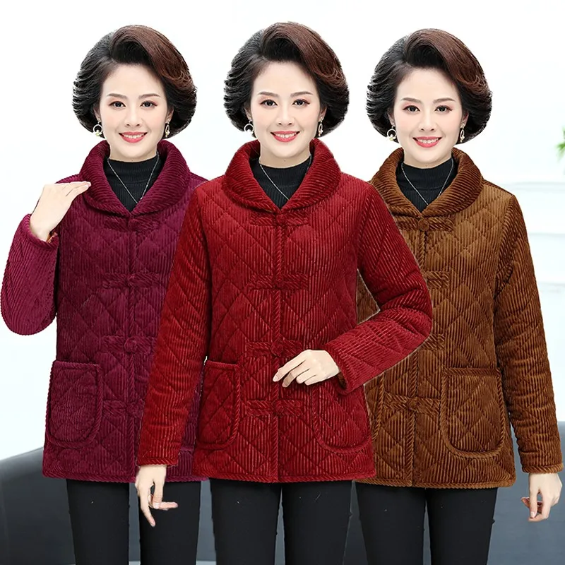 Abrigo de terciopelo grueso para mujer, Parkas de abuela y ancianos de mediana edad, chaqueta acolchada de algodón con hebilla de color sólido, cálida, XL-5XL de invierno