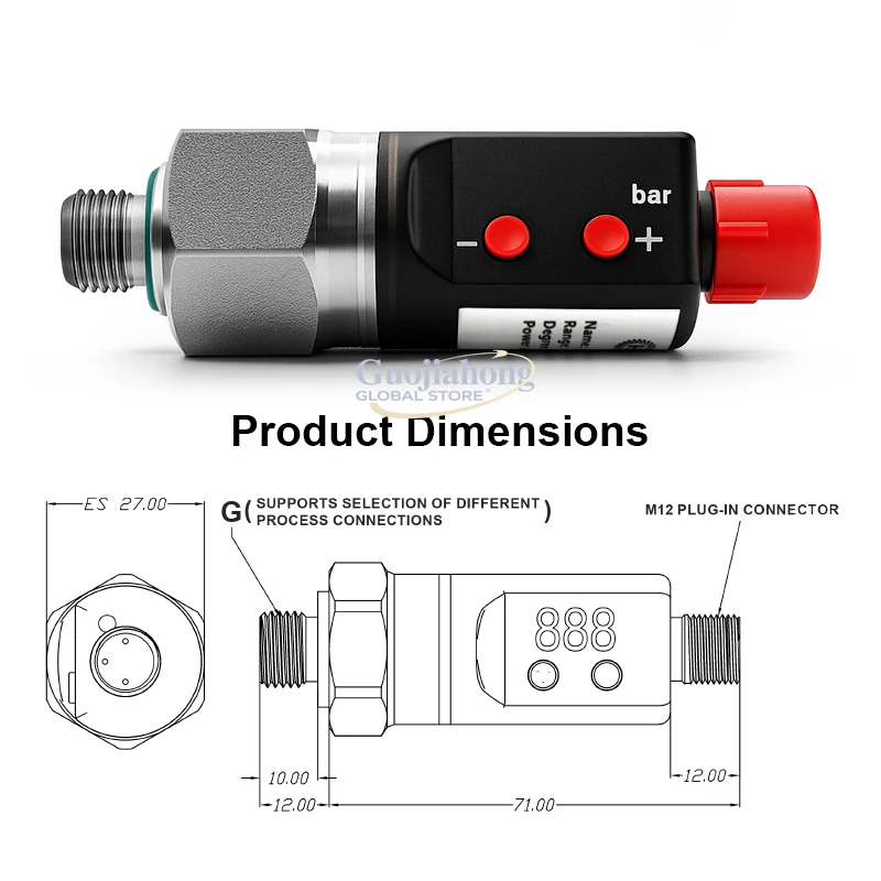 Digital Air Pressure Switch with LED Display Output PNP/NPN IP67 Rated 1000bar Max Pressure Stainless Steel Construction