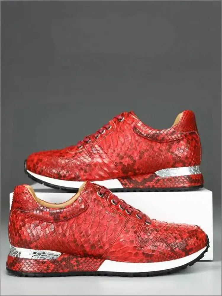 Concise Solid Color Snakeskin Lace-Up Casual Shoes Round Toe Platform Height Increase Fashion Male Genuine Leather Footwear
