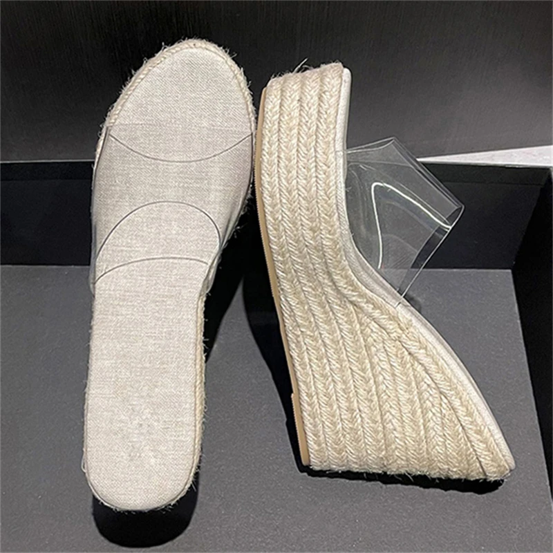 Eilyken Design Style Hemp Weave Open Toe Platform Wedges Women Slippers Summer PVC Transparent High Heels Slide Shoes view 2