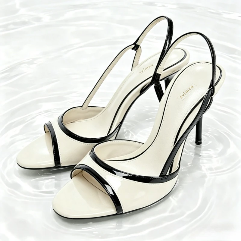 Black White Colorblock Slingback Heeled Sandals Women Fashion Round Toe Faux Leather Designer Shoes Elegant Commuter Office Shoe