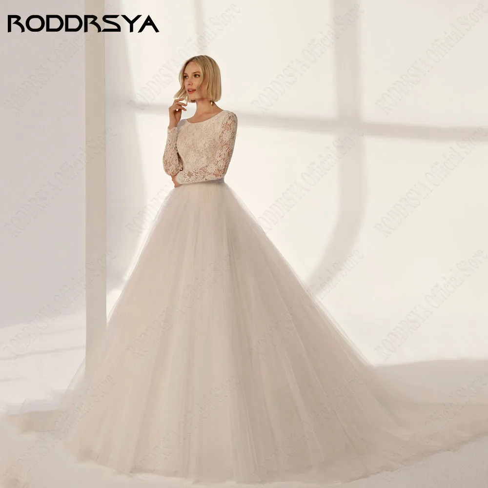 RODDRSYA-Robe de mariée en dentelle dos nu, coupe trapèze, manches longues, encolure dégagée, patients musulmans, quelle que soit la robe de mariée en tulle, 2024Roddrsya 2024 mariée sans dos dentelle robe de mariée a