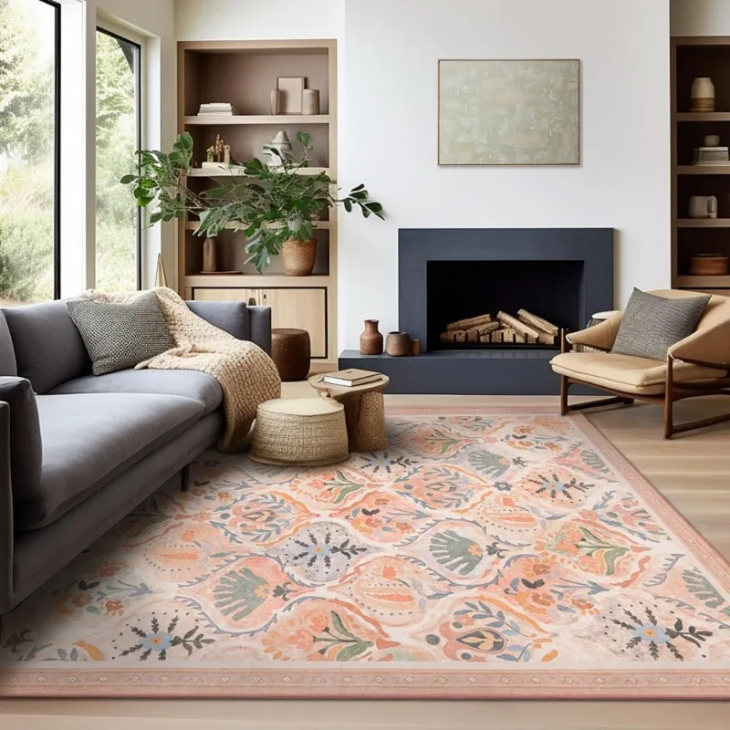Alfombra Floral Bohemia para Sala de Estar, Antideslizante, Lavable a Máquina, Decoración para el Hogar, Alfombra para Dormitorio, Alfombra Suave y Cómoda para el Lado de la Cama