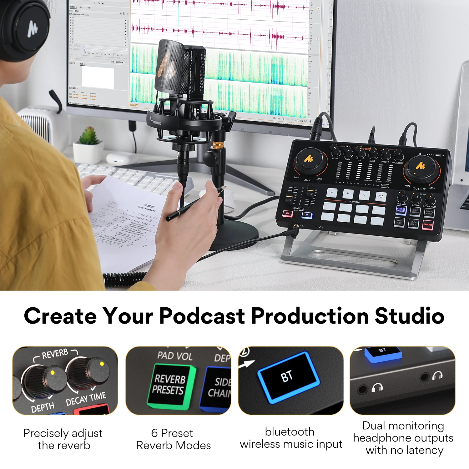 Maono AME2 Interfaccia audio Scheda audio Mixer DJ All in One Podcast portatile Studio per registrazione, streaming live, Youtube, chitarra, PC