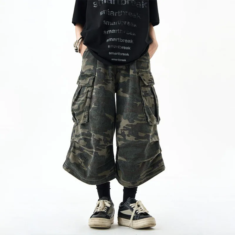 

American Style Vintage Pockets Camouflage Jeans Shorts Men Summer Harajuku High Street Loose Normcore Chic Calf-Length Pants