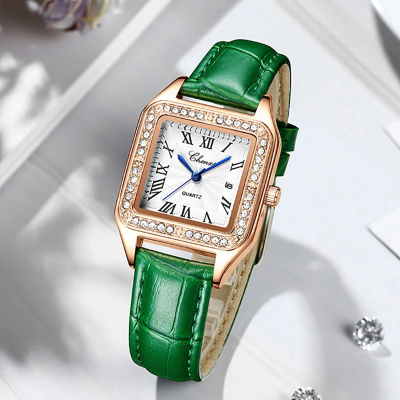 

2023 Top Brand Chenxi Watch Women Crystal Square Watches Green Leather Band Auto Date Quartz Wristwatches Ladies Reloj Mujer