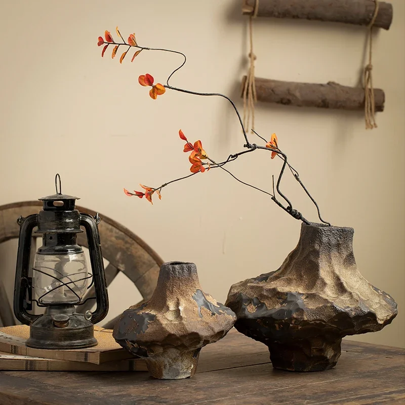 Creative stone ceramic vase handmade coarse pottery jar ornament B & B hotel green plant flower water culture device