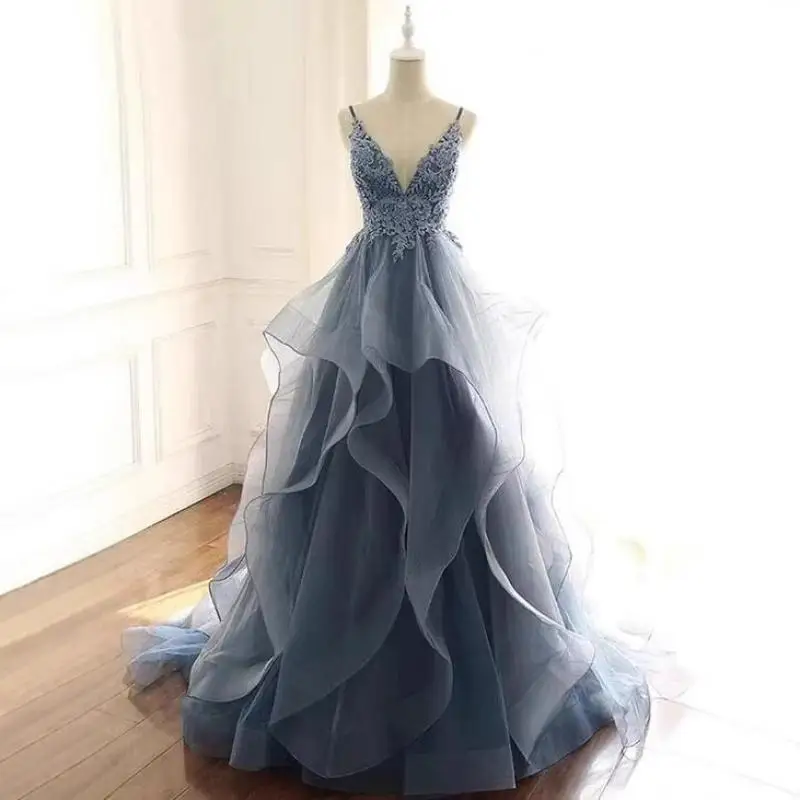 Strap V-neck Lace Slim Performance Dress Art Exam Dress Host's High-end Light Luxury Adult Ceremony Evening Dress Customized