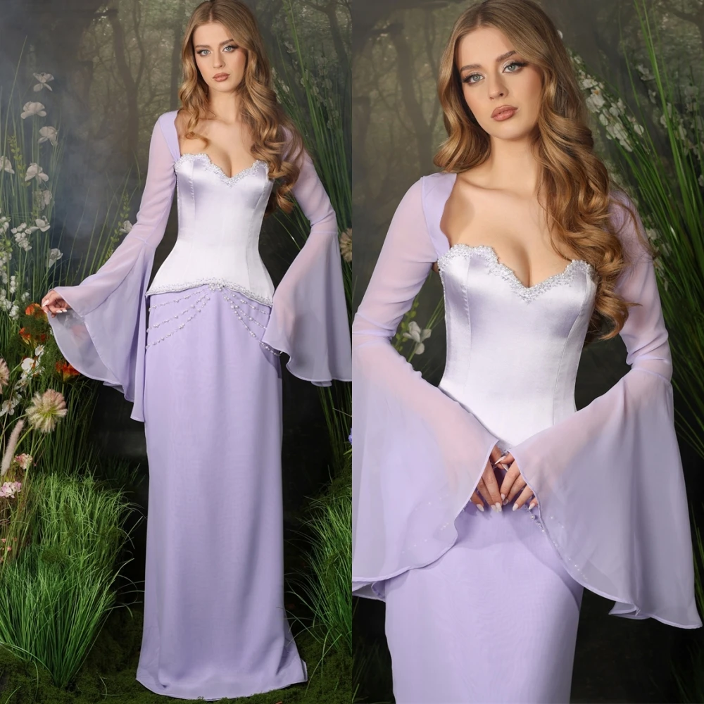 Gaun Malam Lurus Sifon Elegan Kustom Gaun Prom Manik-manik Indah Gaun Acara Khusus Lengan Flare Mewah