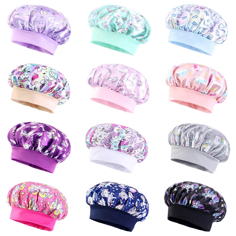Cartoon Baby Kinder Print Satin Motorhaube Schlafmütze Mütze für lockiges Haar Verstellbare seidige Satinmütze für Kleinkind Nachtschlafmützen Beanie – Detail 2