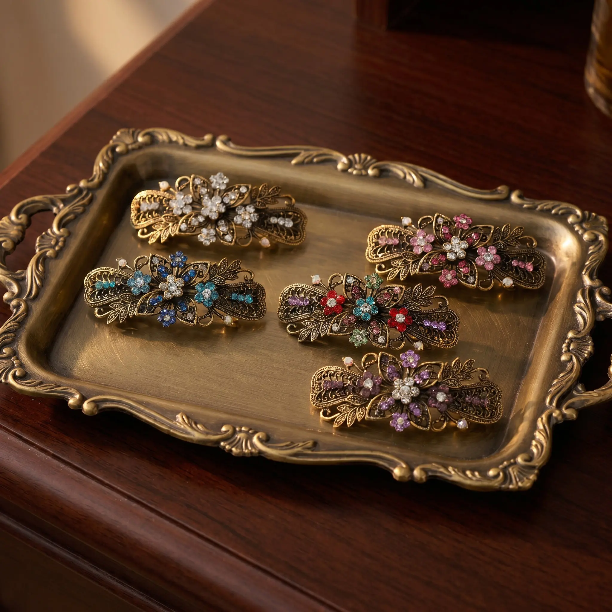 5-個ヴィンテージフラワー合金ラインストーンヘアバレッタフレンチクリップブライダルウェディングアクセサリードレッシーヘアクリップ女性のためのエレガントな