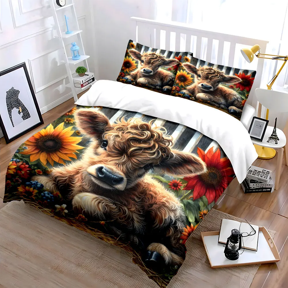 Fluffy calf with vibrant flowers Pattern Duvet Cover Set Digital Print Colorful Polyester Bedding with Zipper Closur for gifts