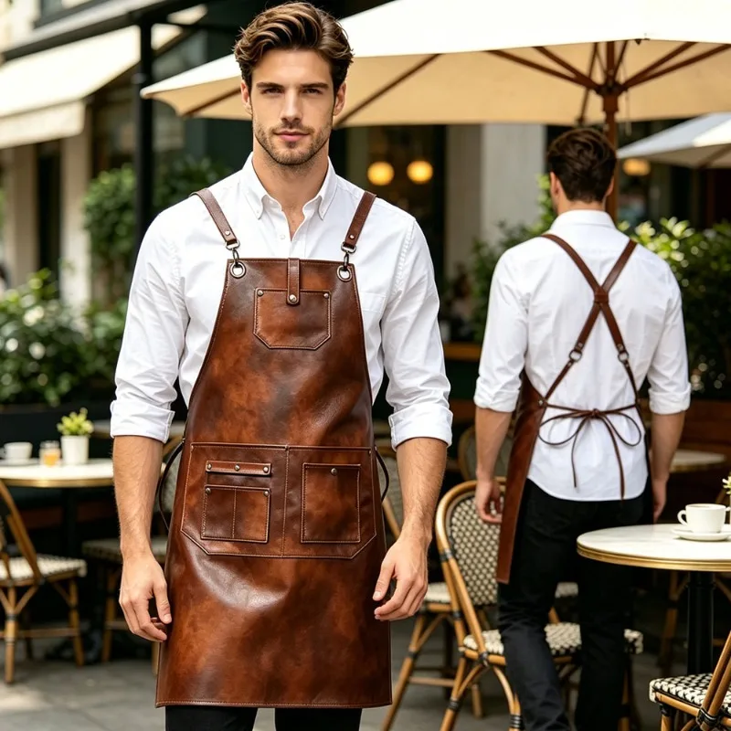 High Quality Simple Retro New Work Clothes PU Leather Apron Waterproof and Oil Proof Cocktail Pet Hairdresser Customization