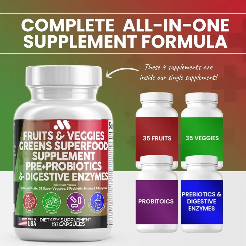 60 capsules of fruit and vegetable supplements and probiotic digestive enzymes natural spirulina non genetically modified