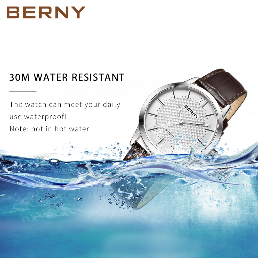 BERNY Men Quartz Watch Waterproof Miyota 2035 Movement Genuine Leather Buckle Luxury Top Brand Bussiness Fashion Watch for Men