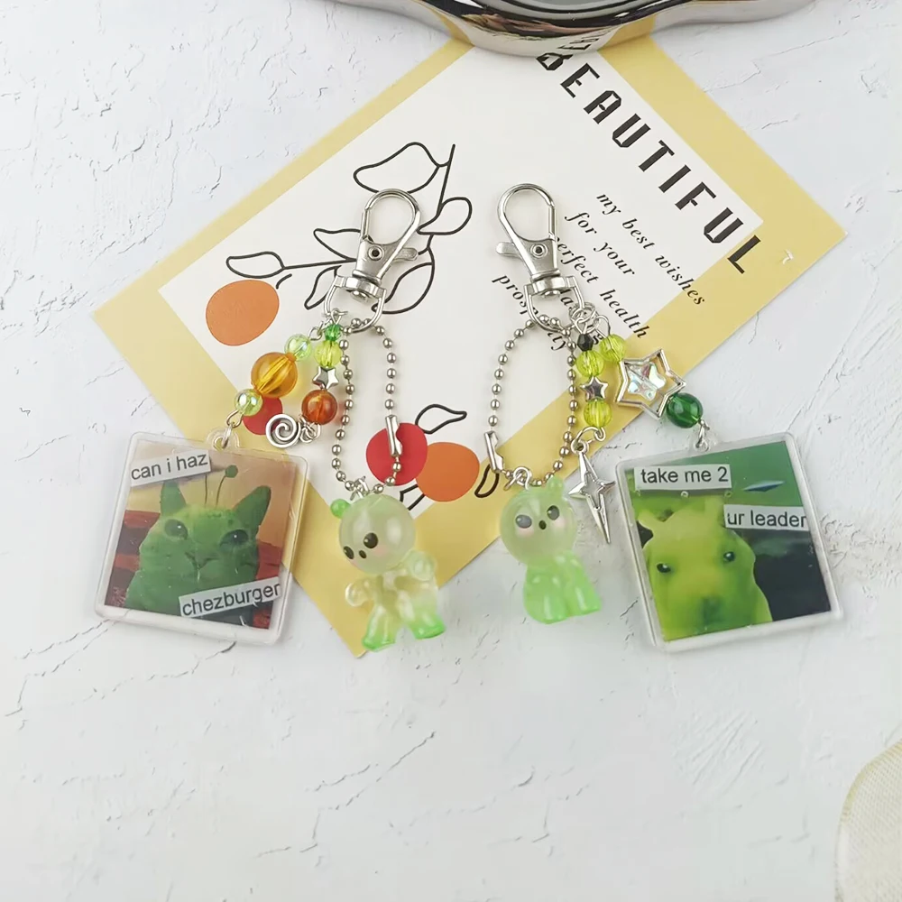 Zip zap alienígena gato engraçado meme chaveiro verde alienígena gatos bonitos chaveiro acessórios do jogo sacos mochila pingente prop jóias presente