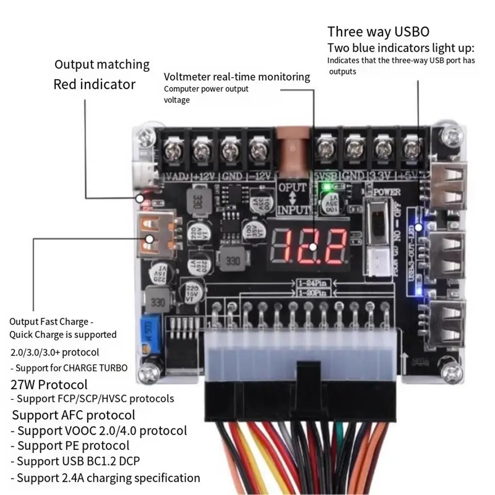 20/24 Pin Atx Power Adapter Board Power Module Adapter Adjustable Voltage With Red Digital Display Support For Pd2.0/Pd3.0