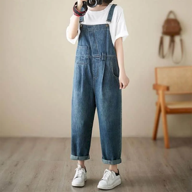 

Джинсовые комбинезоны, Свободные повседневные шаровары с завышенной талией, Модные Винтажные синие комбинезоны в Корейском стиле, Цельный Наряд, женская одежда