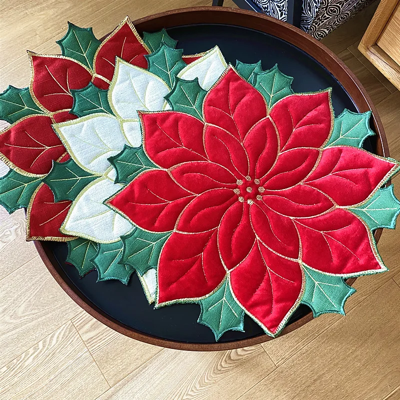 30PCS Christmas table Placemats Red Flowers flax desk mat kitchen Placemat for tablletop XMAS Holiday kitchen decor Wholesale