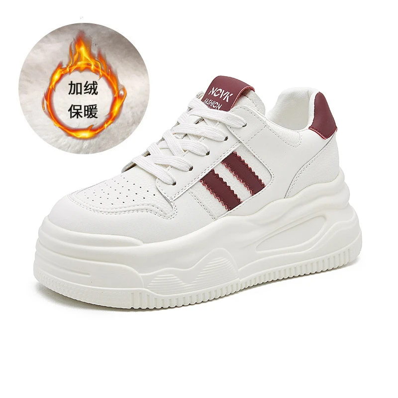 Three Stripes Platform Sneakers Lace Up Design With Wavy Thick Sole Available In White Red And White Black Colors Casual Shoes F