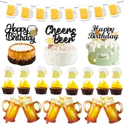 Cheers Beer Mug Happy Birthday Cake Topper Decoration Glitter Beers Pick Cupcake Toppers Beer Festival Birthday Party Supplies