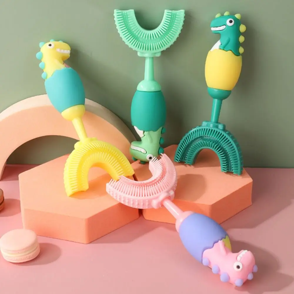 360-stopniowa szczoteczka do zębów dla dzieci dinozaur dokładne czyszczenie silikonowa szczoteczka do zębów w kształcie litery U miękki gryzak czyszczenie zębów dla dzieci dla 2-14 lat