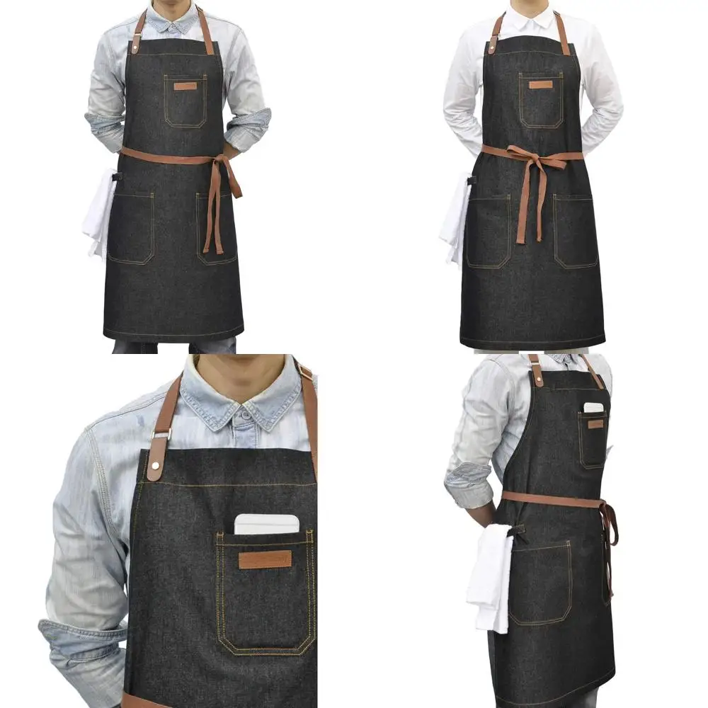 

Джинсовый фартук шеф-повара с карманами, мужской женский профессиональный кухонный нагрудник, черный фартук для приготовления пищи, гриль, барбекю, сервер, с петлей для полотенец