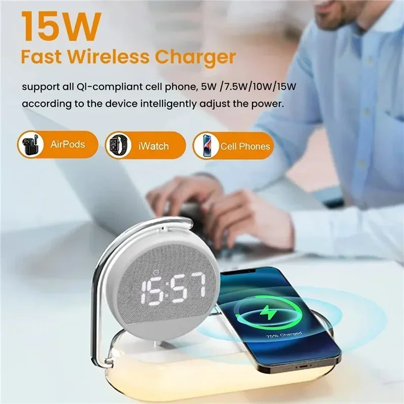 LED Night Light 3 Lights 360° Rotate Clock Alarm Clock Desktop Mobile Phone Wireless Charger for Bedroom Smart Phones Room Decor