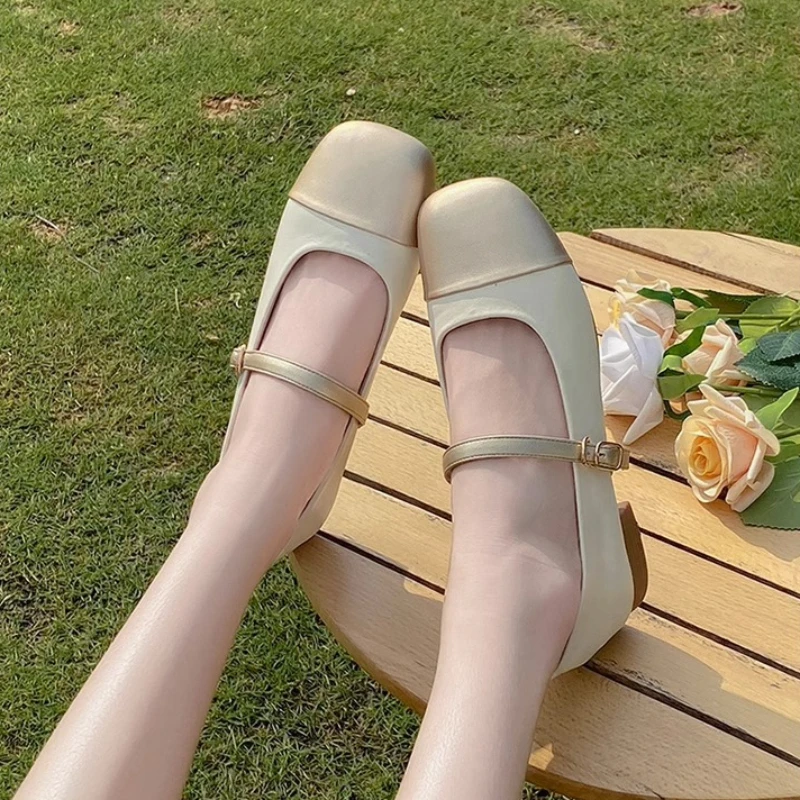 Square Toe Women Shoes Fashion Low Heel Mary Jane Shoes for Women Gold Heels Comfort Single Shoe New Elegant Ladies Ballet Shoes