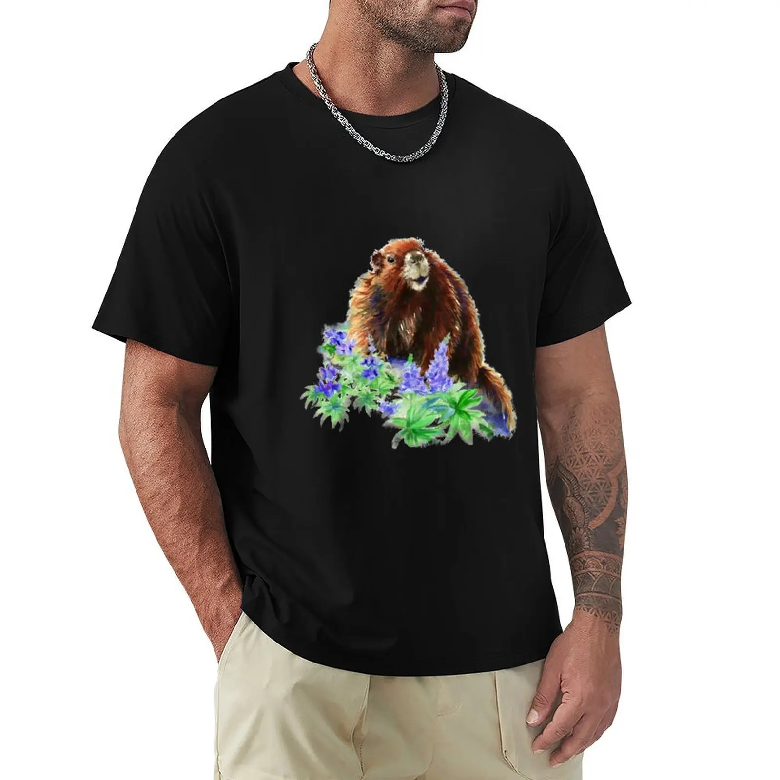 Marmot, Groundhog, Woodchuck,Watercolor Animal T-Shirt t shirts for man pack cotton T-Shirt