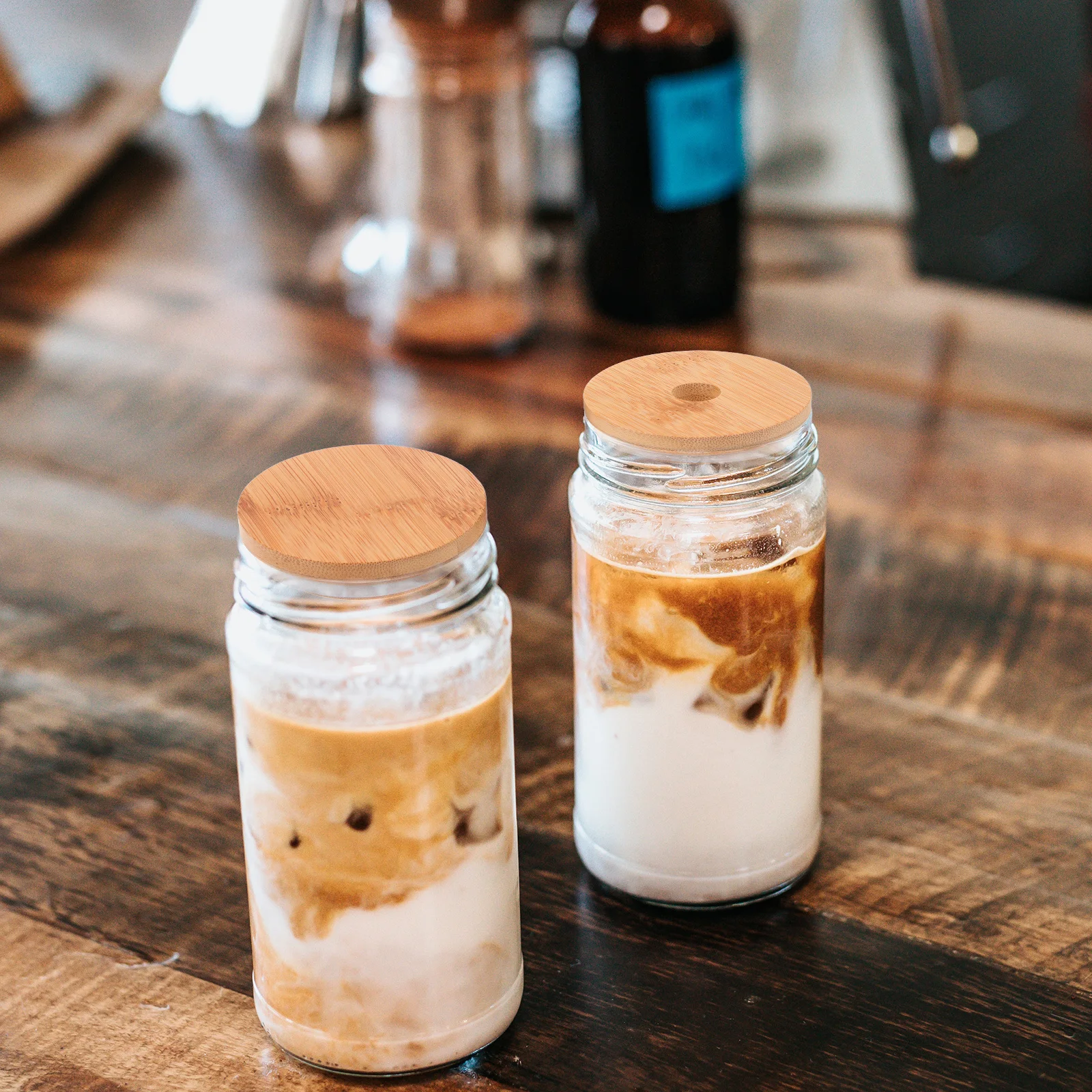 

4pcs Bamboo Mason Jar Lids Set Lightweight Fit Wide Mouth Canning Jars Coffee Tumbler Cover Straw Hole Compatible