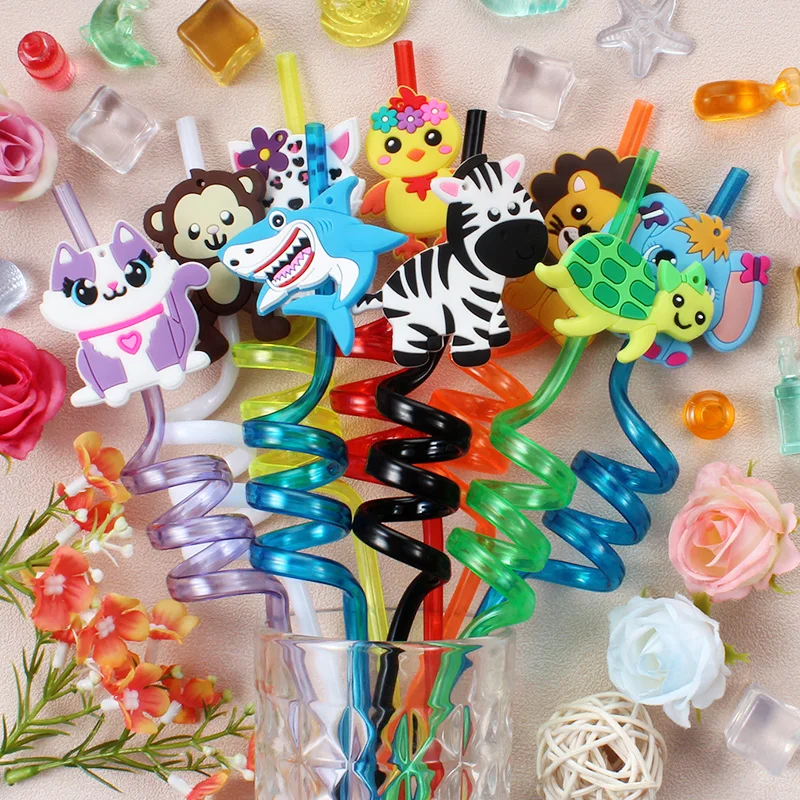 6pcs Zoo-themed Straws  Reusable Plastic Twisted Straws  Decorations for School, Kids' Birthdays, and Family Parties