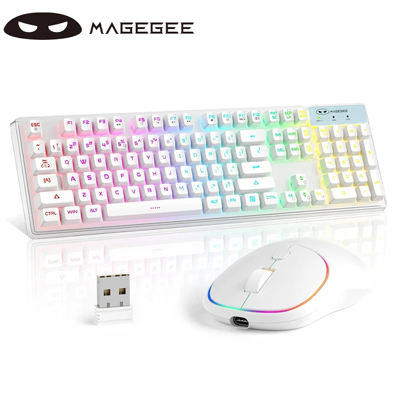 Magegee Wireless Gaming Keyboard and Mouse Combo, MageGee V550 2.4G Rechargeable RGB Backlit Keyboard with Clear Shell, Full Siz