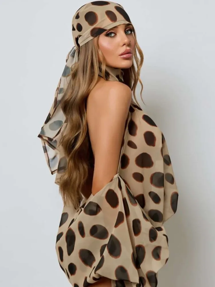 Mozision Women Halter Off Shoulder Sexy Bodysuit 2 Piece Outfit Leopard Print Sheer Blouse Shorts Set Clubwear Matching Sets