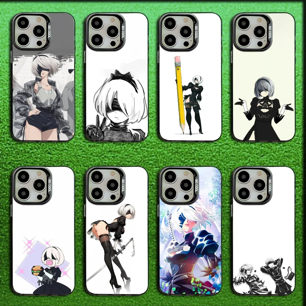 

N-Nier A-Automata 2b Phone Case For iPhone 16,15,14,13,12,11,Mini,Pro,MAX Gray Matte Silicone Black Cover