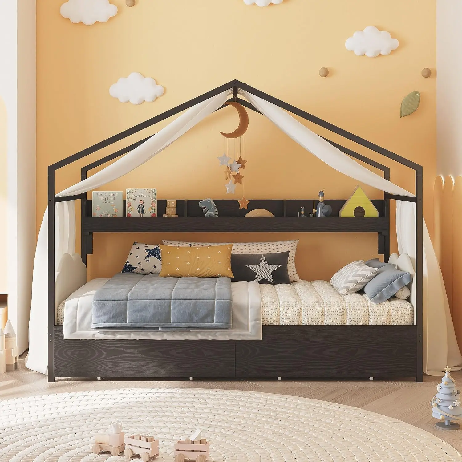 

Twin Corner Bed Frame with 2 Storage Drawers DIY House Bed Bookshelf Upholstered Headboard Footboard
