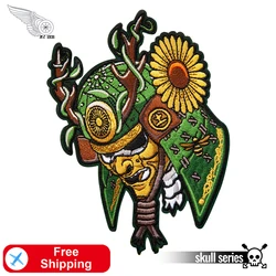 Gold Green Japan Samurai Skull Embroidered Patches Iron On For Clothing Punk Sunflower Helmet Applique Embroidery Badge Jacket