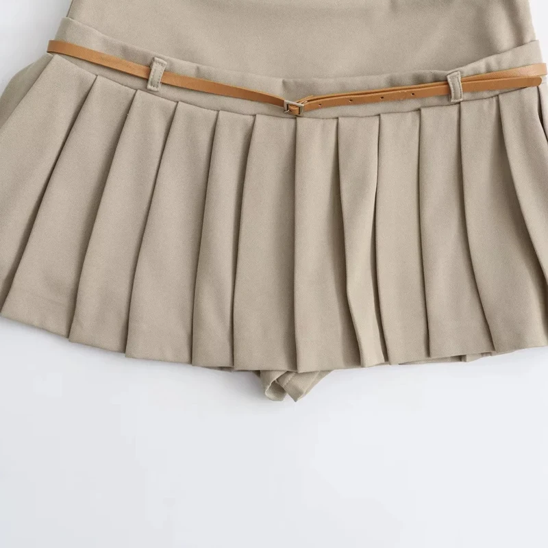 TRAF Mini Women Skirt Zipper Lady Pleated Skirt New In 2024 Summer With Belt Fashion Casual Elegant Office Women Clothing