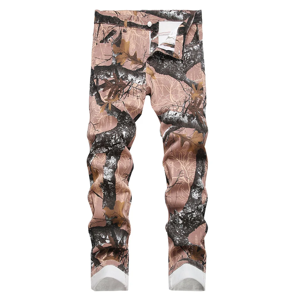 

Men Camo Pattern Print Jeans Tree Camouflage Stretch Denim Pants Slim Straight Trousers